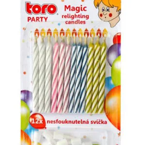 Dortová svíčka s podstavcem nesfouknutelná TORO 6cm 12+12ks