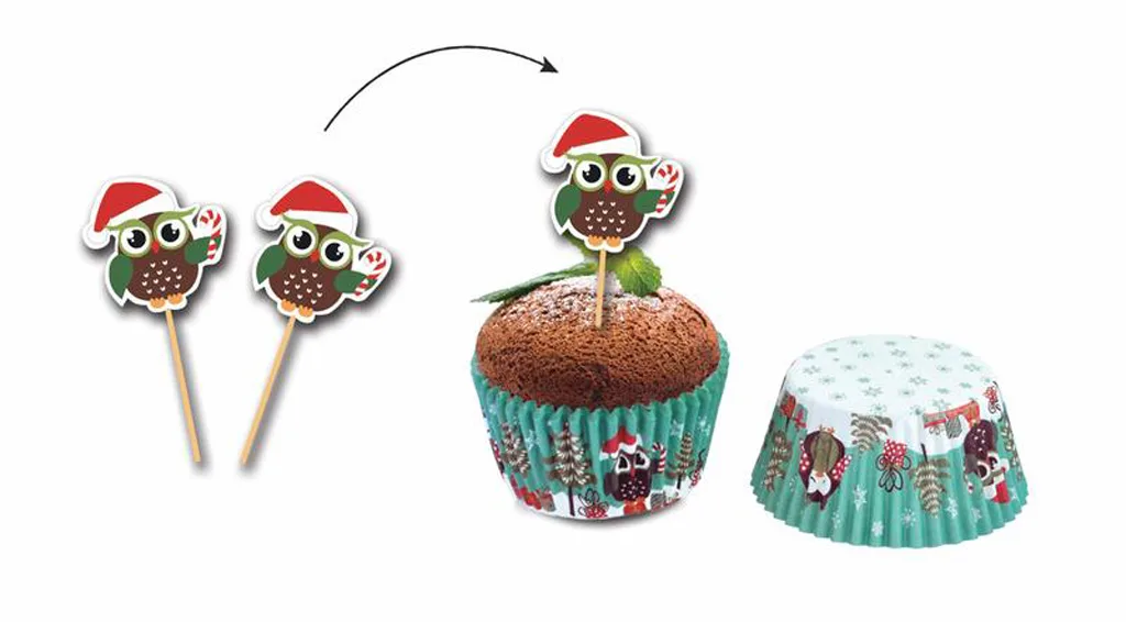 Papírové košíčky na muffiny + napichovátka 24ks TORO vánoční sovy - Obrázek 2